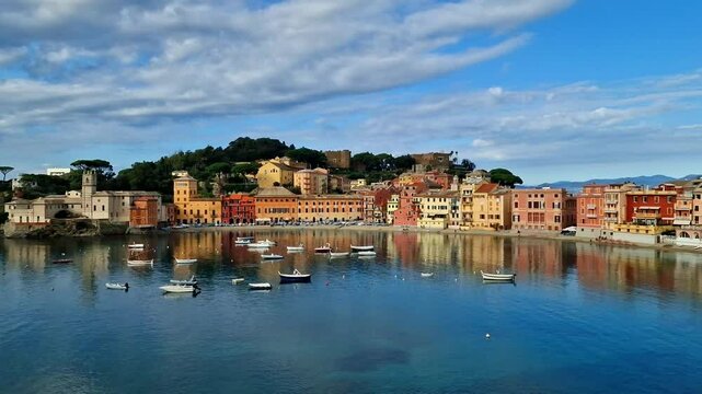 Liguria, Italy travel. Panoramic view of beautiful  Bay of Silence and beach, town Sestri Levante. 4k hd video