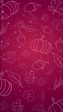 Animate hand drawn pattern with autumn elements contours: foliage, berries and acorns on purple loop background. Vertical video.