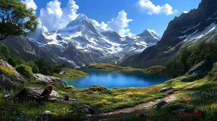 Fototapeta premium Majestic Mountain Lake with Wildflowers and Bird