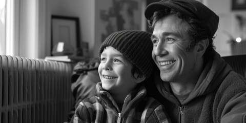 A black and white photo of a father-son duo, great for use in family or nostalgia-themed projects