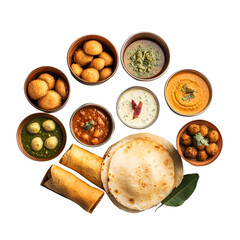 A beautifully arranged South Indian meal with dosas, idlis, vadas, and bowls of chutney and sambar,isolated on white background (4)