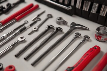 A neatly laid out assortment of mechanical tools on a workbench conveys precision and craftsmanship, appealing to hands-on professionals and hobbyists.