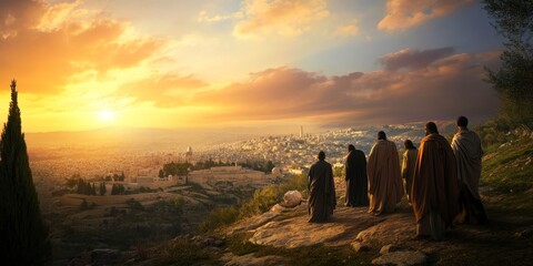 Minimalistic image of Jesus and disciples at mount of olives overlooking city at sunset, Biblical religious stories, illustrations Christian faith in God