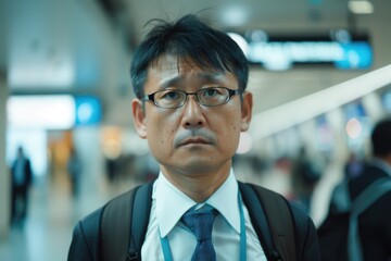 Obraz premium Man in suit and tie standing in airport terminal, possibly waiting for flight or meeting someone