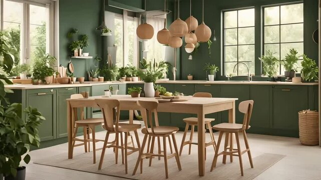 HD Video of a Bohemian Scandinavian Kitchen with Dining Area and Lush Greenery