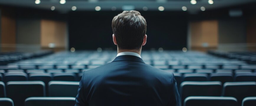 A suited man faces an empty auditorium, reflecting on his upcoming presentation. The dimly lit space highlights the rows of empty seats before him, creating a sense of solitude