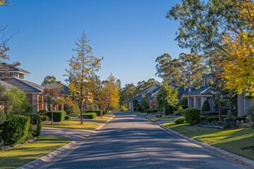 Fototapeta premium A suburban street lined with houses and trees, great for use in real estate or neighborhood scenes