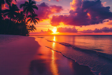 Sunset over a White Sand Beach with Silhouetted