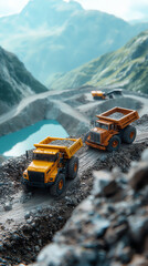 Miniature construction scene featuring yellow dump trucks on a mountainous terrain with a scenic lake background