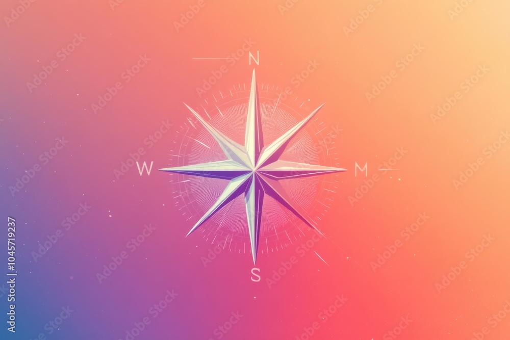 Poster a geometric compass rose with clean lines and a central point sits against a colorful gradient backg