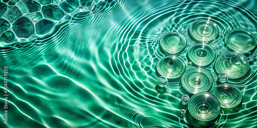Poster turquoise water reflects light beautifully as glass discs float on its surface, creating dynamic rip
