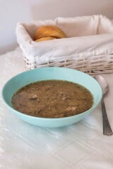 Pea soup  (grochówka) - traditional Polish soup with peas, meat, potatoes, vegetables and marjoram