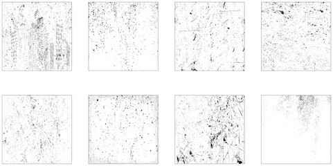 Grunge texture effect set. Collection of 8 grunge texture. Distressed overlay rough textured. Abstract vintage monochrome. Black isolated on white background. 