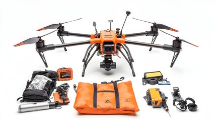 Fototapeta premium A lineup of various rescue drones and their accompanying accessories such as controllers batteries and other equipment showcased on a clean white background