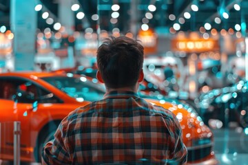 Fototapeta premium A person standing in front of multiple vehicles