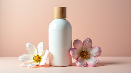 White bottle with wooden cap surrounded by delicate flowers, perfect for eco-friendly products.