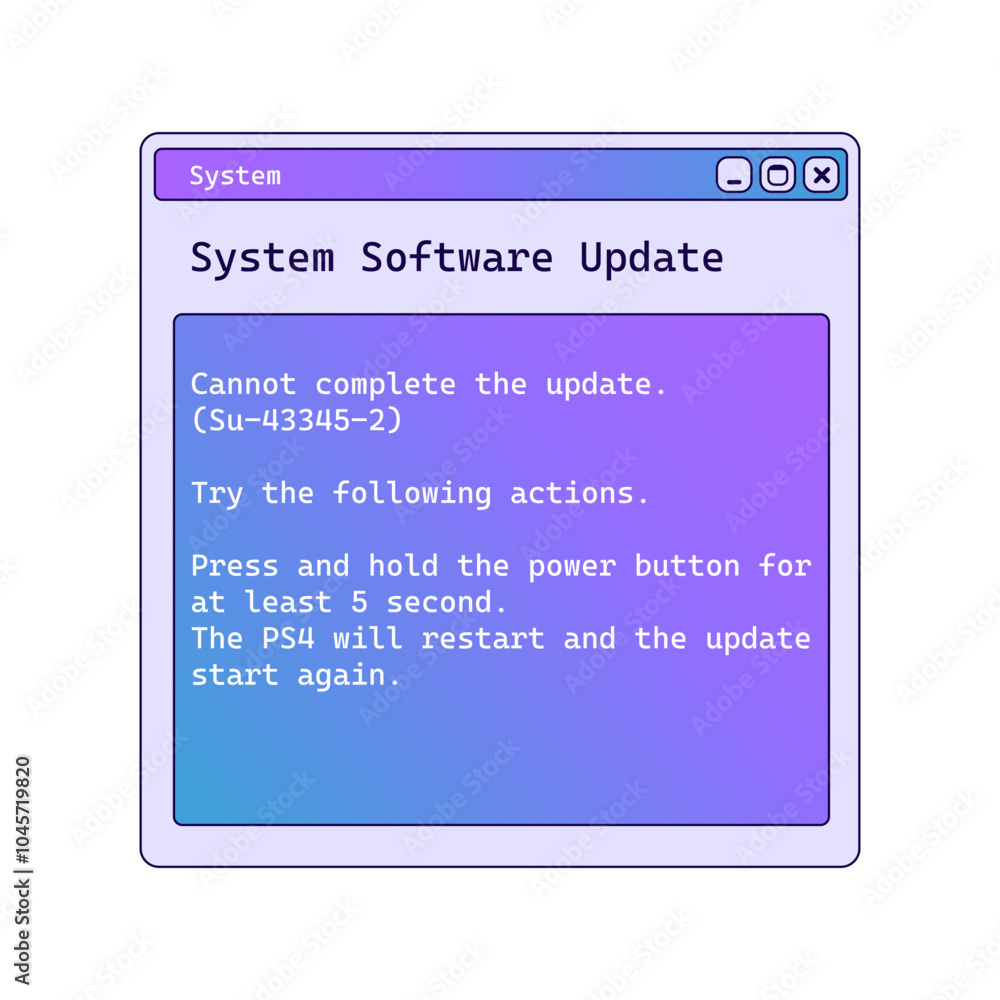 Poster System software update window with information. Old error message on screen. Application notification.