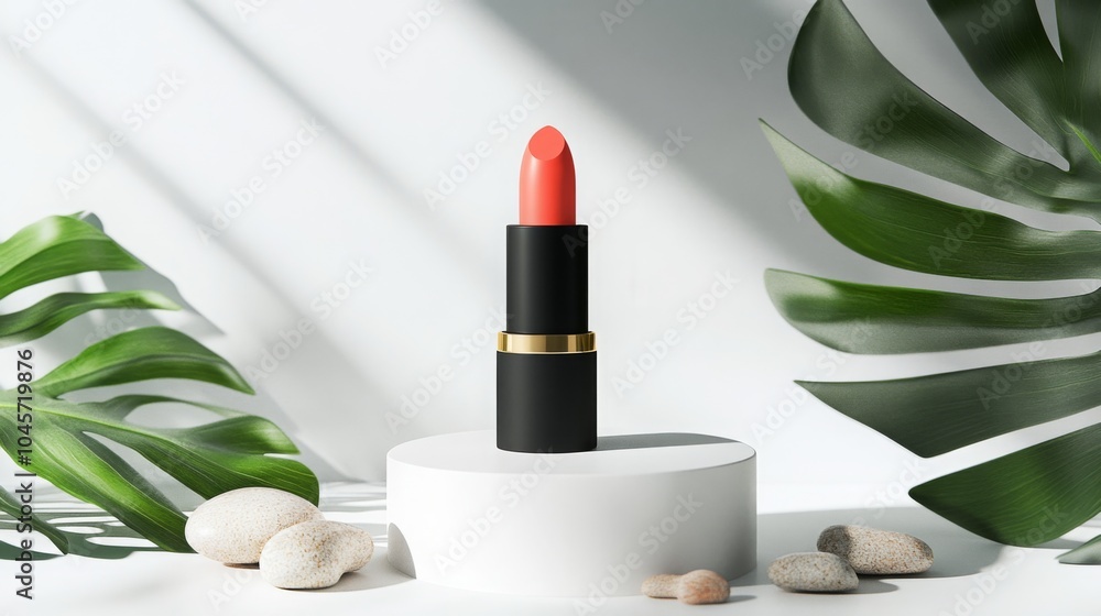 Poster a coral lipstick is shown in the middle of the frame on a white circular platform.