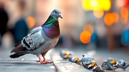 Fototapeta premium A ruffled pigeon its feathers disheveled stands helplessly on a busy city sidewalk unable to take flight amidst the urban landscape