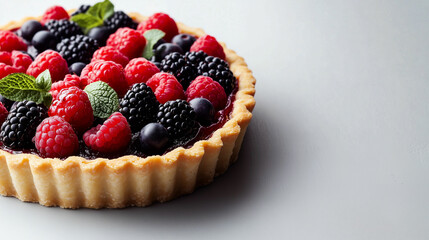 Delicious gourmet fruit tart with fresh berries and a glossy glaze displayed on a neutral background, perfect for dessert lovers