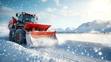 Powerful snow removal a heavy machinery in action against winter's white canvas