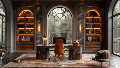 Art Deco Home Office, a chic home office inspired by Art Deco elements, featuring sleek furniture, geometric shelving, and luxurious finishes. 