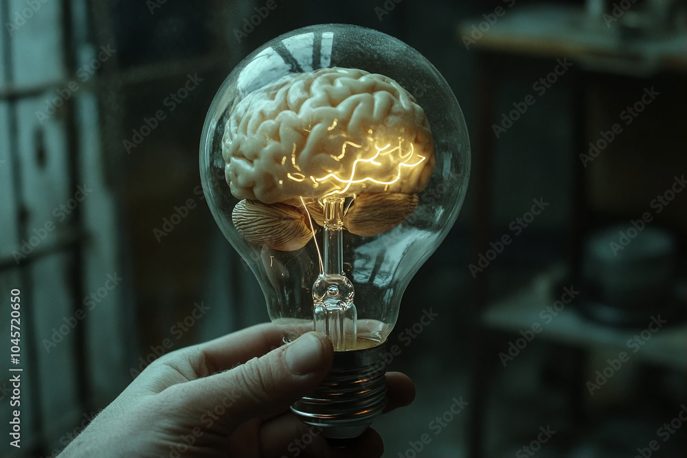 Poster a hand holding a large light bulb. inside the bulb is a model of the human brain, which glows, creat