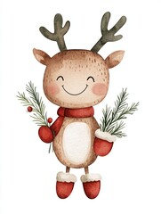 Cheerful watercolor reindeer with holiday greenery