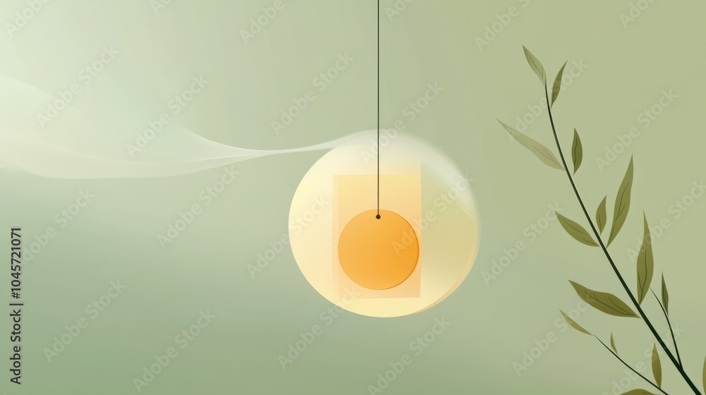Poster Delicate leaves frame a softly glowing circle hanging in a tranquil, muted green setting during daylight hours. Generative AI