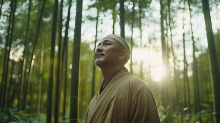 Naklejka premium 瞑想的な孤独：自然の隠れ家デザインのための日の出の竹林にいる男性