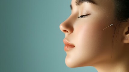 Fototapeta premium Acupuncture needles precisely inserted on various ear points during an auriculotherapy session a traditional Chinese medicine therapy that aims to promote overall wellness
