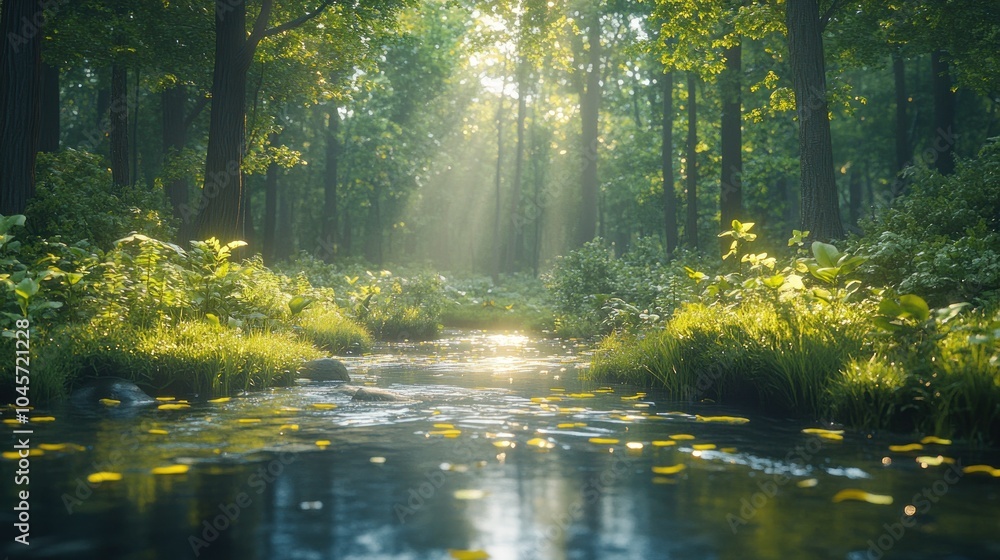 Poster a serene forest scene with a gentle stream and sunlight filtering through the trees.