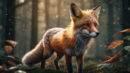 Obraz premium A young fox who learns to fly with the help of magic wings. The drawing is made with colored pencils