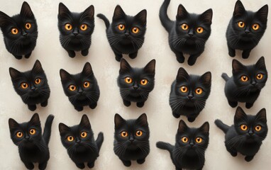 Naklejka premium A charming collection of black cats for Halloween, featuring spooky details and sparkling yellowish eyes, displayed elegantly on a clean white background