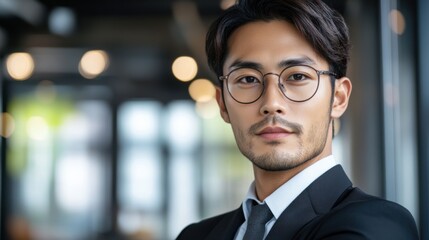 Fototapeta premium モダンなオフィス環境でポーズをとる、眼鏡をかけた自信に満ちた若いプロフェッショナル