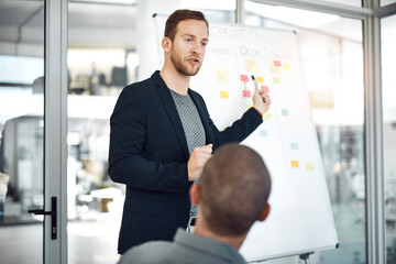 Man, whiteboard and sticky notes for meeting in office, planning and boardroom for progress. Male...