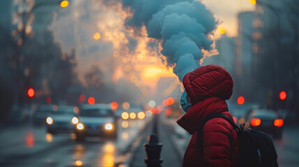 Young woman is wearing a protective face mask while standing on a busy city street with heavy exhaust fumes at sunset