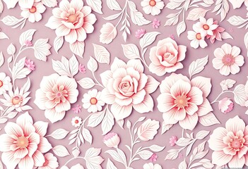 An elegant floral pattern design with detailed pink roses and leaves on a light background
