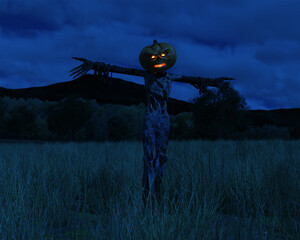 Digital illustration of a sinister Scarecrow or Pumpkin Headed being in a field