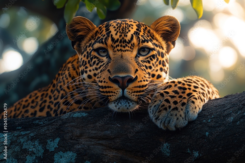 Poster a close-up of a leopard resting on a tree branch in a natural setting.