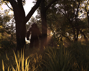 A Bigfoot Sasquatch cryptid in a mysterious forest