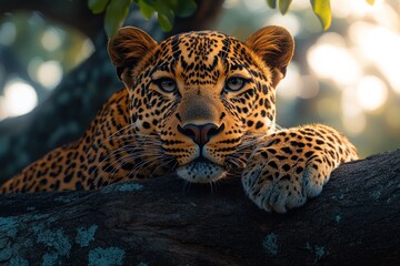 Obraz premium A close-up of a leopard resting on a tree branch in a natural setting.