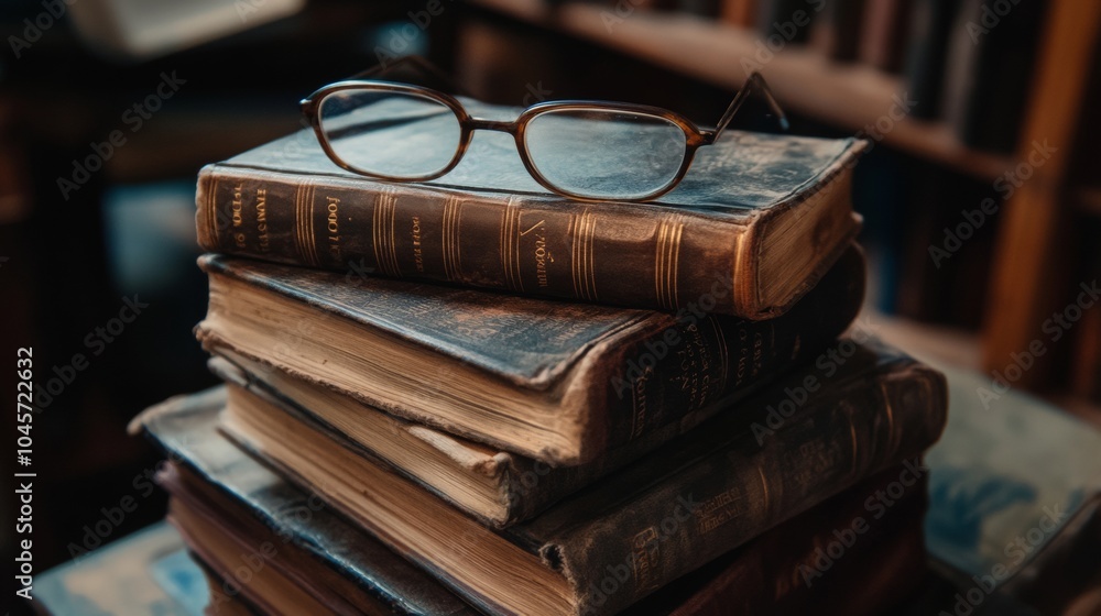 Poster old leather-bound books are stacked neatly with a pair of glasses on top, creating a warm and inviti