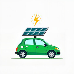 Green Electric Car with Solar Panel Powering Eco-Friendly Transportation on White Background