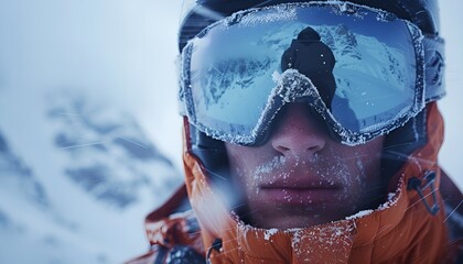 Close-up of a Man Wearing Ski Goggles with Mountain Reflection. Generative AI.
