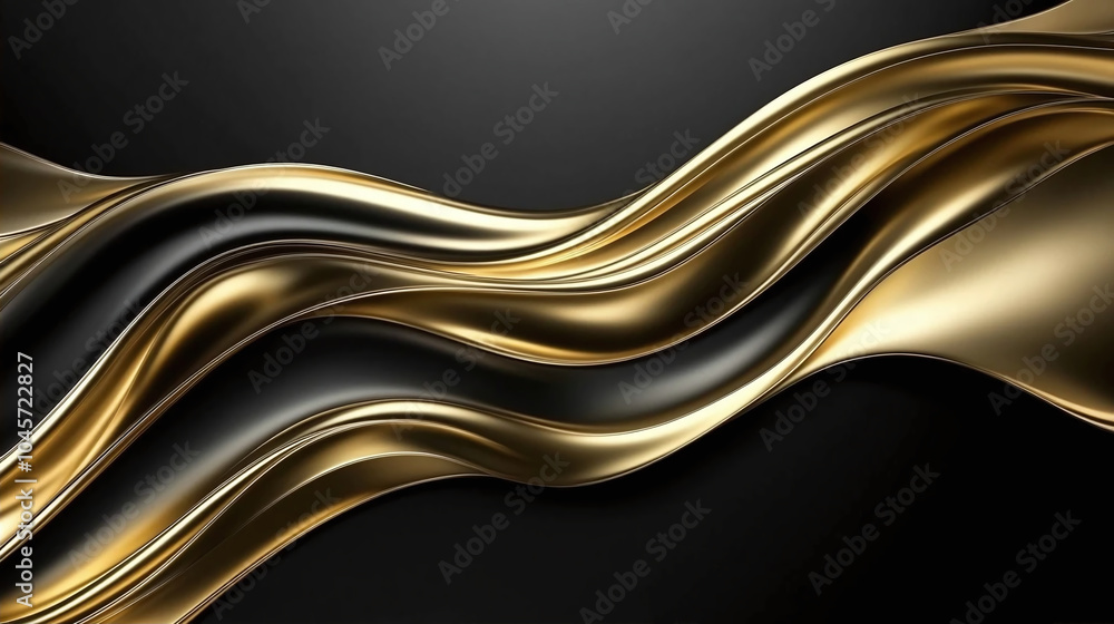 Poster abstract composition with smooth wavy lines of golden color on a dark background.