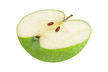 Green apple slice with seeds on isolated white background.