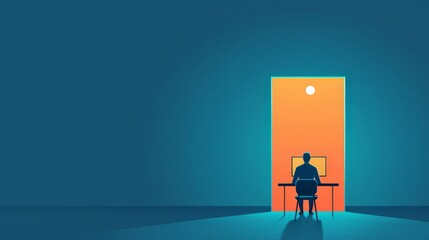 Obraz premium A silhouette of a person at a desk, illuminated by an open door, symbolizing opportunity and contemplation.