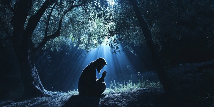 Introspective image of Jesus in prayer amidst moonlit trees in the garden of gethsemane, Biblical religious stories, illustrations Christian faith in God