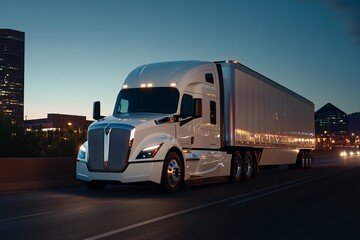 White Semi Truck Driving on Highway at Night